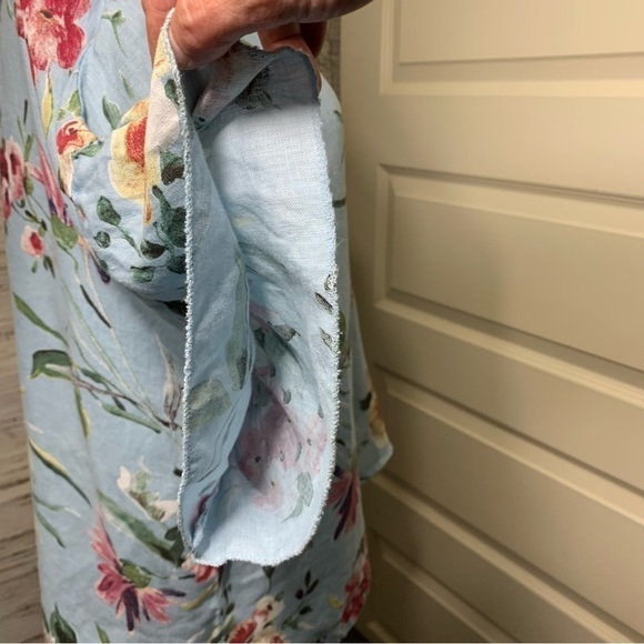 Bella Umbra Linen Blouse Sz M Blue Aqua Floral Tropical Ruffle Sleeves Top Italy - Picture 6 of 11